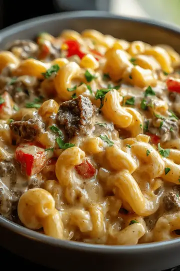 High-Protein Creamy Philly Cheesesteak Mac & Cheese