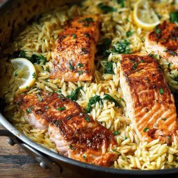 One Skillet Salmon with Lemon Orzo