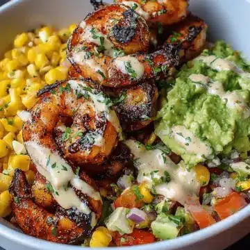 Grilled Shrimp Bowl with Avocado, Corn Salsa & Creamy Garlic Sauce