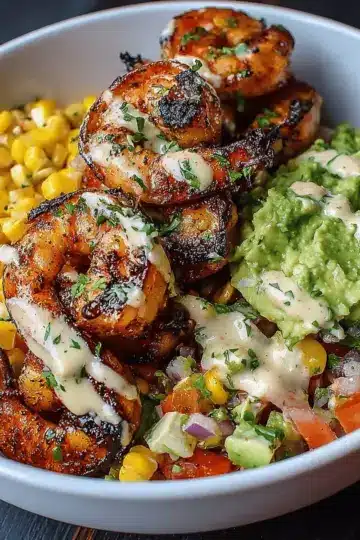 Grilled Shrimp Bowl with Avocado, Corn Salsa & Creamy Garlic Sauce