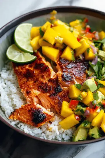 BBQ Salmon Bowls with Mango Avocado Salsa