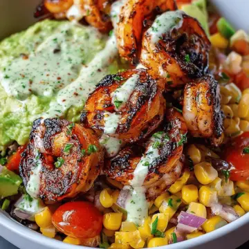 Grilled Shrimp Bowl with Avocado, Corn Salsa & Creamy Garlic Sauce