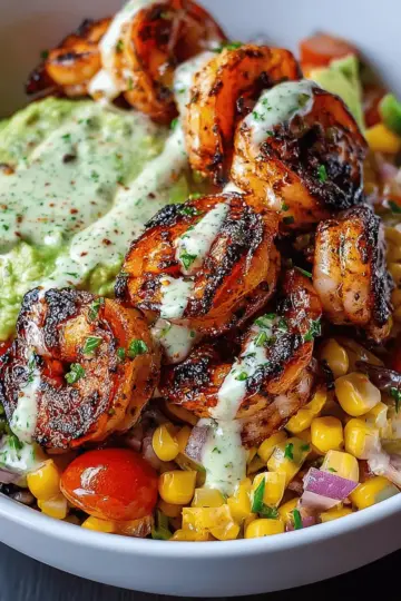 Grilled Shrimp Bowl with Avocado, Corn Salsa & Creamy Garlic Sauce