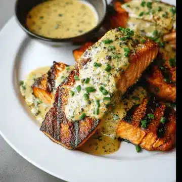 Grilled Salmon Steaks with Creamy Mustard Chive Sauce