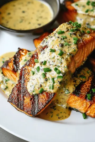 Grilled Salmon Steaks with Creamy Mustard Chive Sauce