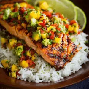 Grilled Lime Salmon with Avocado-Mango Salsa and Coconut Rice