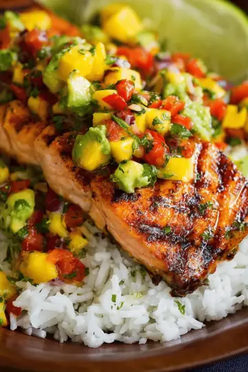 Grilled Lime Salmon with Avocado-Mango Salsa and Coconut Rice