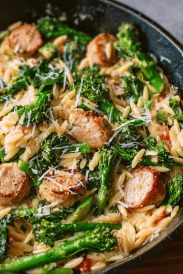 Broccolini, Chicken Sausage, and Orzo Skillet