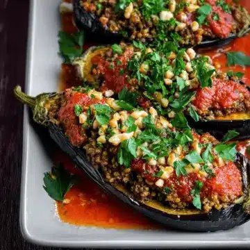 Stuffed Eggplant Recipe with Spiced Ground Beef, Bulgur and Pine Nuts