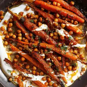 Spicy maple roast carrots with crispy chickpeas and yogurt sauce