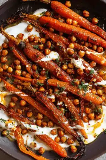 Spicy maple roast carrots with crispy chickpeas and yogurt sauce