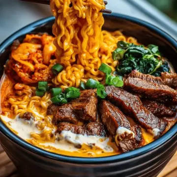 Spicy Korean Ramen with Grilled Beef & Creamy Sauce