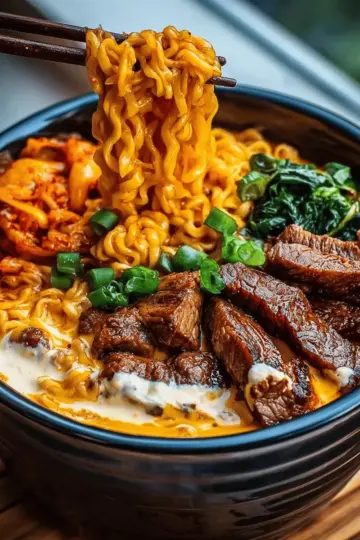 Spicy Korean Ramen with Grilled Beef & Creamy Sauce