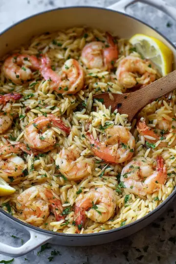 One Pot Garlic Butter Shrimp and Orzo.