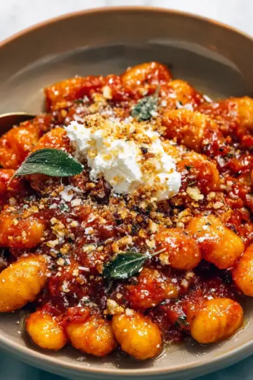 Millionaire Gnocchi with Red Sauce, Herbed Ricotta, and Golden Crispies