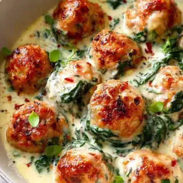 Baked Chicken Ricotta Meatballs with Spinach Alfredo Sauce