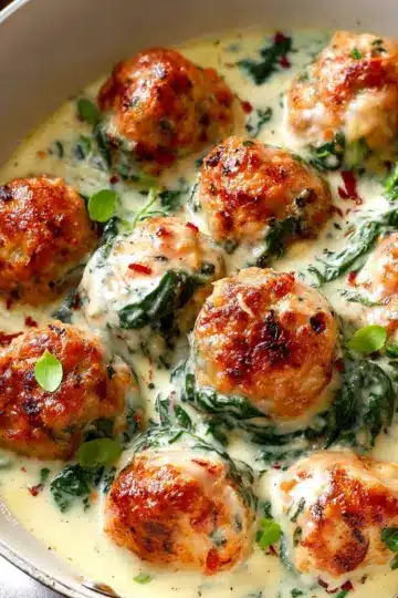 Baked Chicken Ricotta Meatballs with Spinach Alfredo Sauce