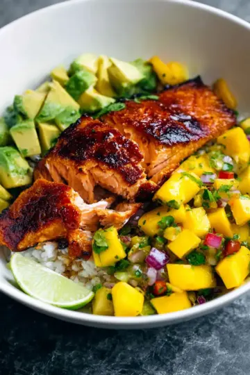 BBQ Salmon Bowls with Mango Avocado Salsa