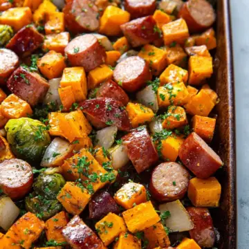 Sheet Pan Sausage and Sweet Potatoes with Honey Garlic Sauce