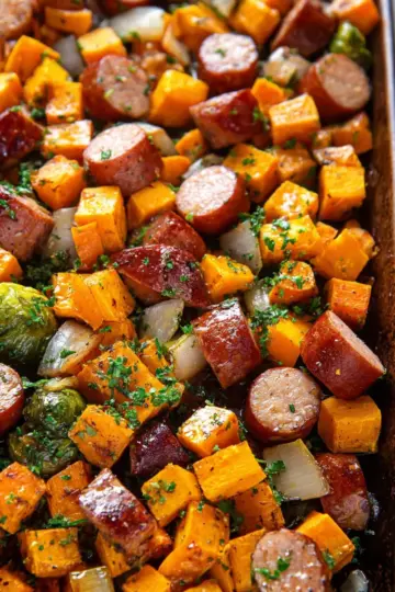 Sheet Pan Sausage and Sweet Potatoes with Honey Garlic Sauce