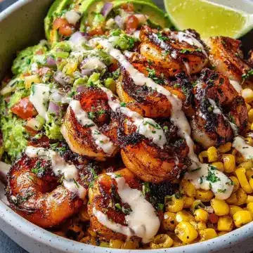 Grilled Shrimp Bowl with Avocado, Corn Salsa & Creamy Garlic Sauce
