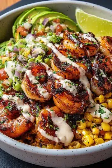 Grilled Shrimp Bowl with Avocado, Corn Salsa & Creamy Garlic Sauce