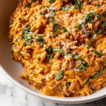 Ground Beef Orzo with Tomato Cream Sauce