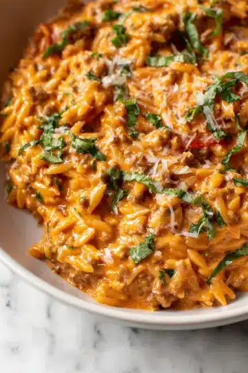 Ground Beef Orzo with Tomato Cream Sauce