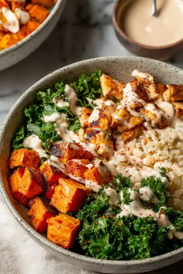 Roasted Sweet Potato, Chicken, Kale, and Rice Bowls for Two
