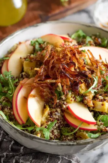 Honey Mustard Quinoa Apple Salad with Crispy Shallots