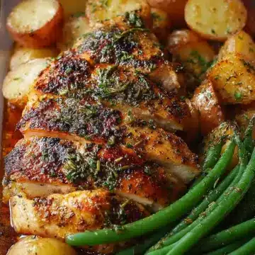 Juicy Garlic Chicken with Crispy Potatoes and Green Beans