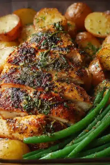 Juicy Garlic Chicken with Crispy Potatoes and Green Beans
