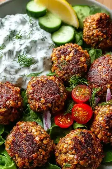 Baked Greek Lentil Meatballs with Tzatziki