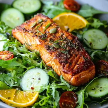 Citrus Oven Baked Salmon over Arugula Cucumber Salad Bliss