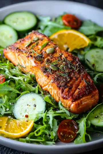 Citrus Oven Baked Salmon over Arugula Cucumber Salad Bliss