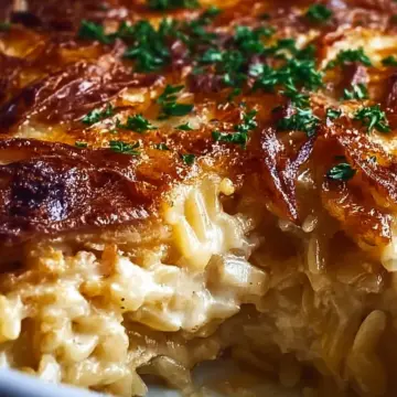 French Onion Chicken Orzo Casserole