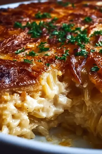 French Onion Chicken Orzo Casserole
