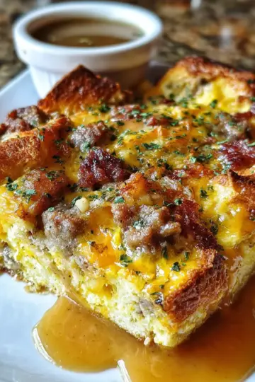 Overnight Croissant Breakfast Casserole Bake with Gravy