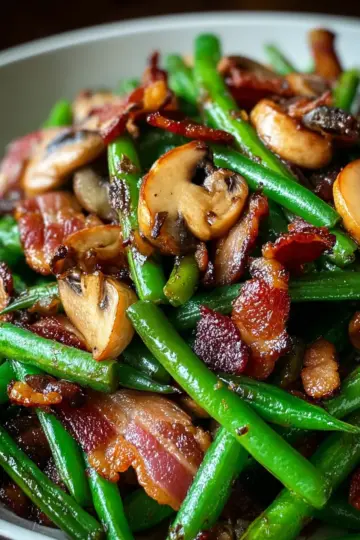 Savory Sautéed Green Beans with Crispy Bacon and Mushrooms