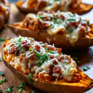 Bacon Stuffed Sweet Potatoes with Cheesy Bolognese Bliss