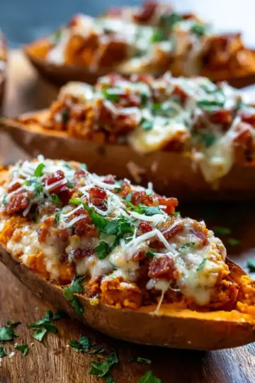 Bacon Stuffed Sweet Potatoes with Cheesy Bolognese Bliss