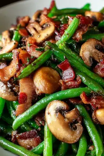 Savory Sautéed Green Beans with Crispy Bacon and Mushrooms