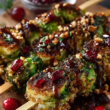 Walnut-Crusted Brussels Sprout Skewers with Cranberry Drizzle