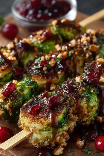 Walnut-Crusted Brussels Sprout Skewers with Cranberry Drizzle
