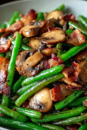 Savory Sautéed Green Beans with Crispy Bacon and Mushrooms